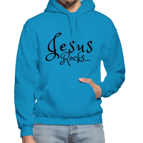 Mens Hoodie - Pullover Hooded Sweatshirt -black Graphic/jesus Rocks - Horizon Bliss