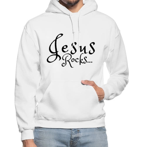 Mens Hoodie - Pullover Hooded Sweatshirt -black Graphic/jesus Rocks - Horizon Bliss