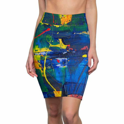 Womens Mini Skirt, High Waisted, Multicolor Abstract Pencil Skirt - Horizon Bliss