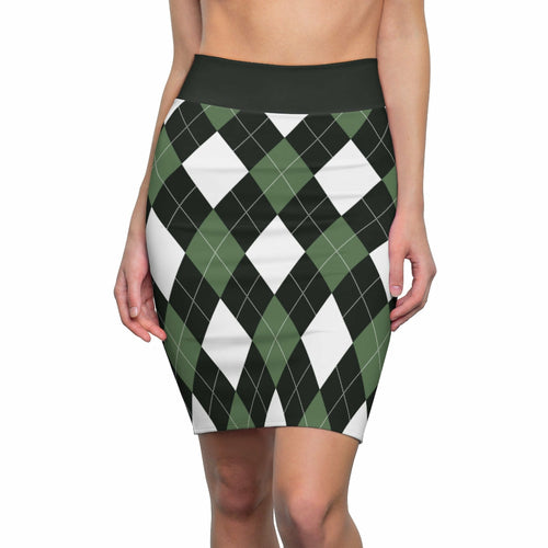 Womens Pencil Skirt, Green And White Argyle Stretch Mini, S510537 - Horizon Bliss