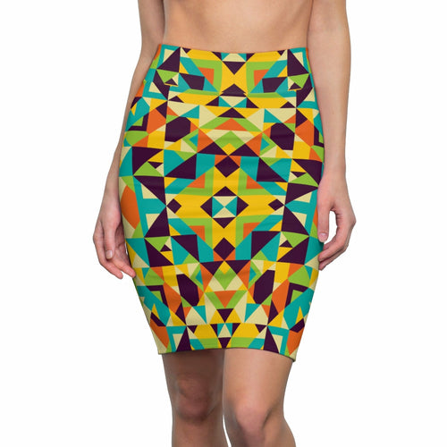 Womens Skirt, Yellow Multicolor Geometric Style Skirt - Horizon Bliss