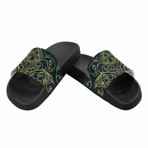 Womens Slides, Flip Flop Sandals, Black And Gold Swirl Print - Horizon Bliss