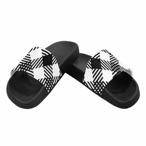 Womens Slides, Flip Flop Sandals, Black And White Plaid Print - Horizon Bliss