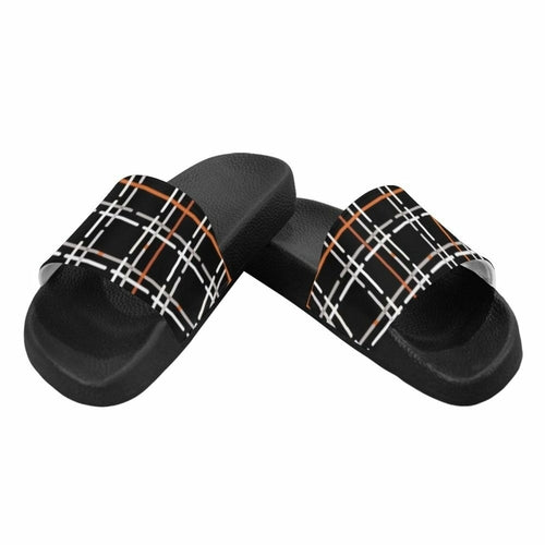 Womens Slides, Flip Flop Sandals, Black Orange And White Tartan Print - Horizon Bliss