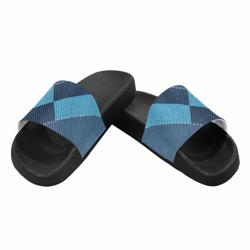 Womens Slides, Flip Flop Sandals, Blue Denim Grid - Horizon Bliss