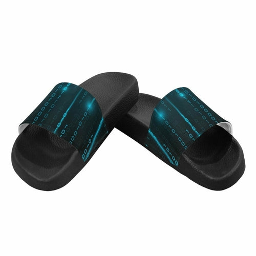 Womens Slides, Flip Flop Sandals, Blue Matrix Print - Horizon Bliss