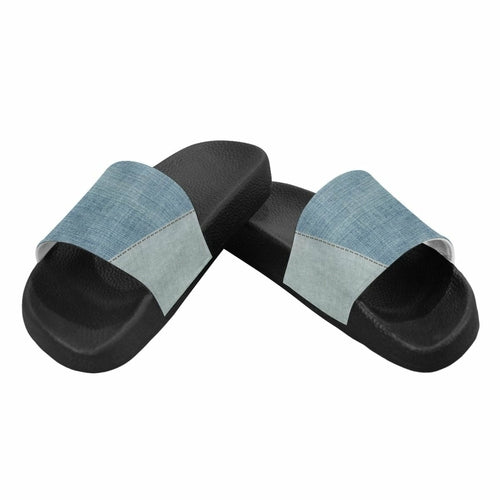 Womens Slides, Flip Flop Sandals, Denim Blue Patch Print - Horizon Bliss