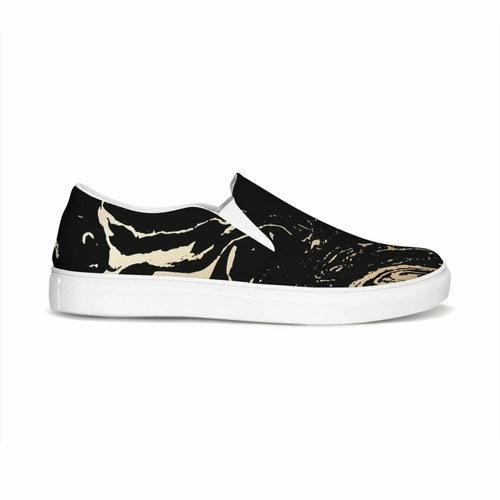 Womens Sneakers - Black & Beige Swirl Style Low Top Slip-on Canvas - Horizon Bliss