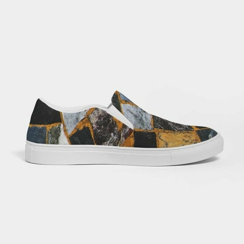 Womens Sneakers - Canvas Slip On Shoes, Black Mosaic Print - Horizon Bliss