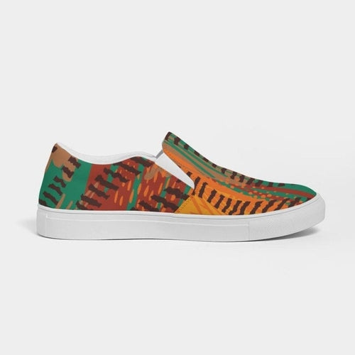 Womens Sneakers - Canvas Slip On Shoes, Brown And Green Print - Horizon Bliss