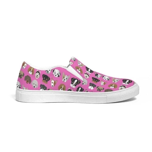 Womens Sneakers - Canvas Slip Ons, Pink Doggie Love Print - Horizon Bliss