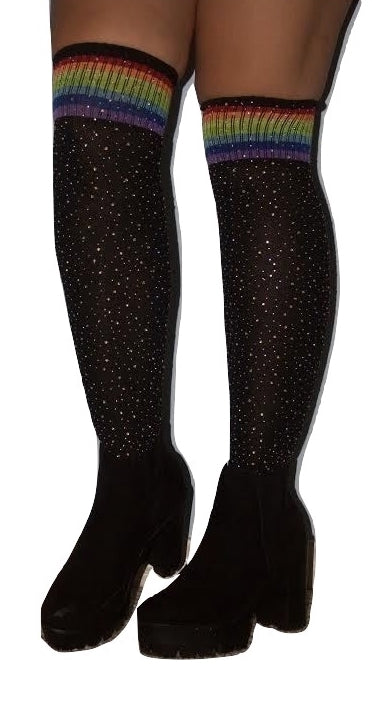 Over the Knee Jeweled Rainbow Glam Disco Socks (Black or White