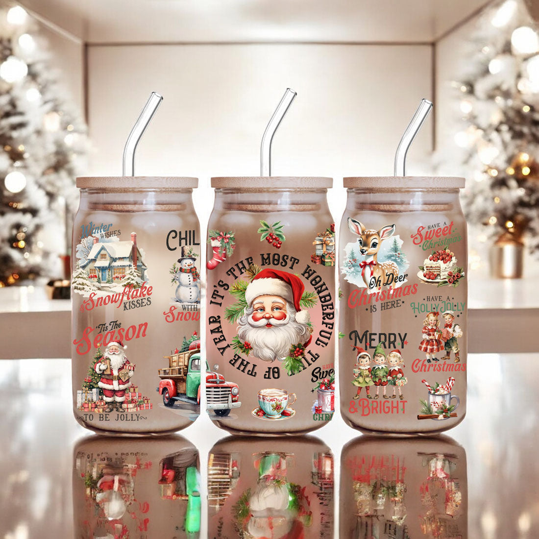 Vintage Christmas Glass Tumbler With lid & Straws