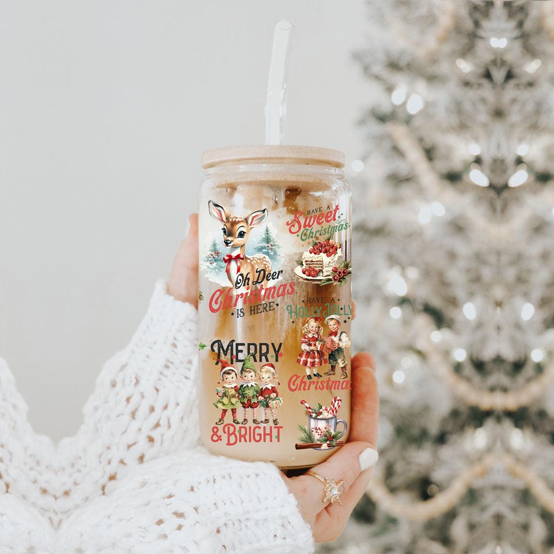 Vintage Christmas Glass Tumbler With lid & Straws