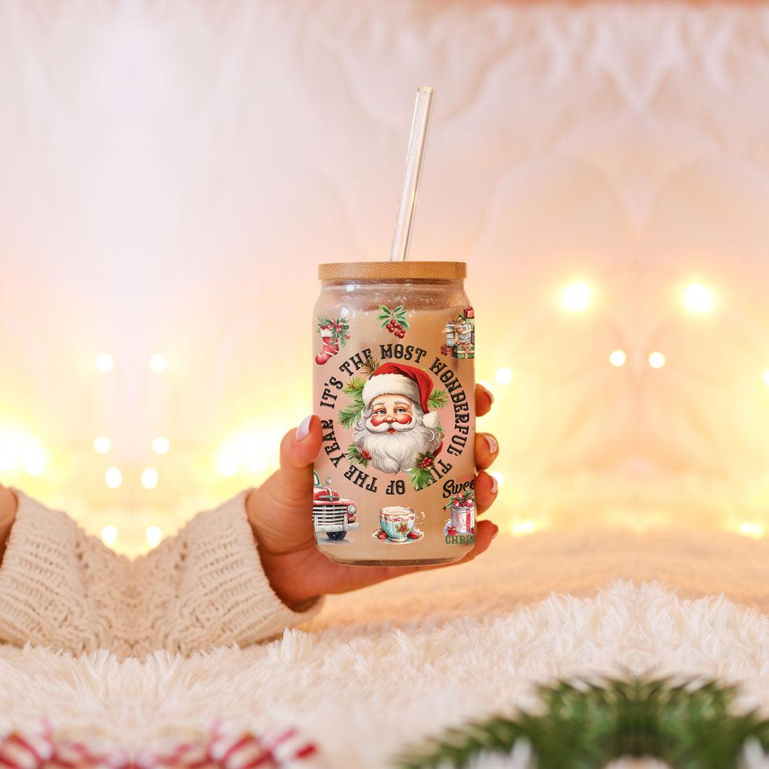 Vintage Christmas Glass Tumbler With lid & Straws