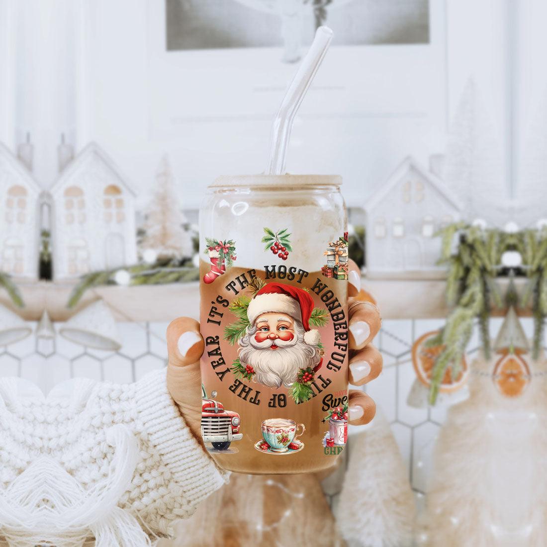 Vintage Christmas Glass Tumbler With lid & Straws