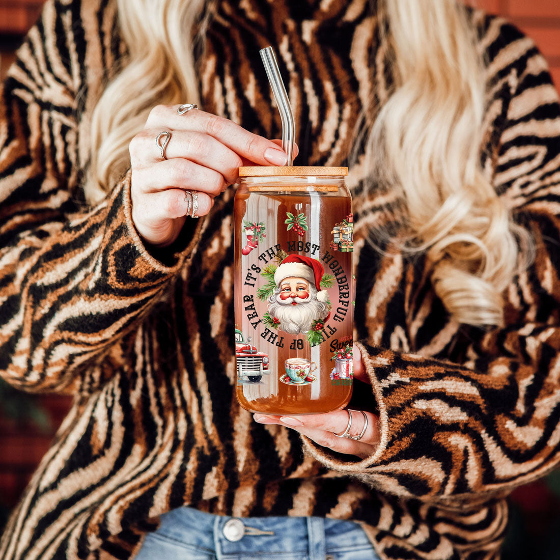 Vintage Christmas Glass Tumbler With lid & Straws