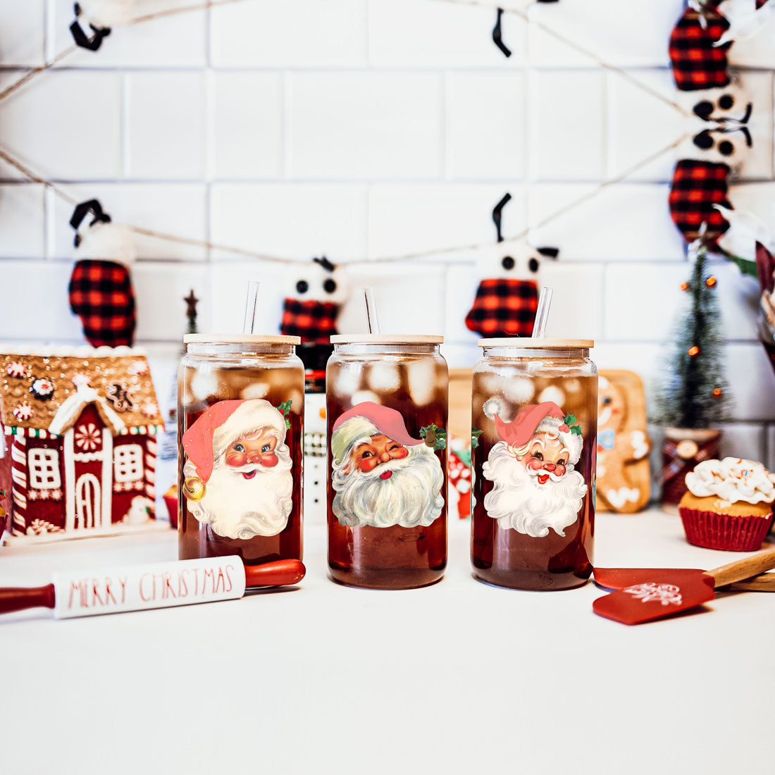 Vintage Santa Glass Cup with Lid & Straw