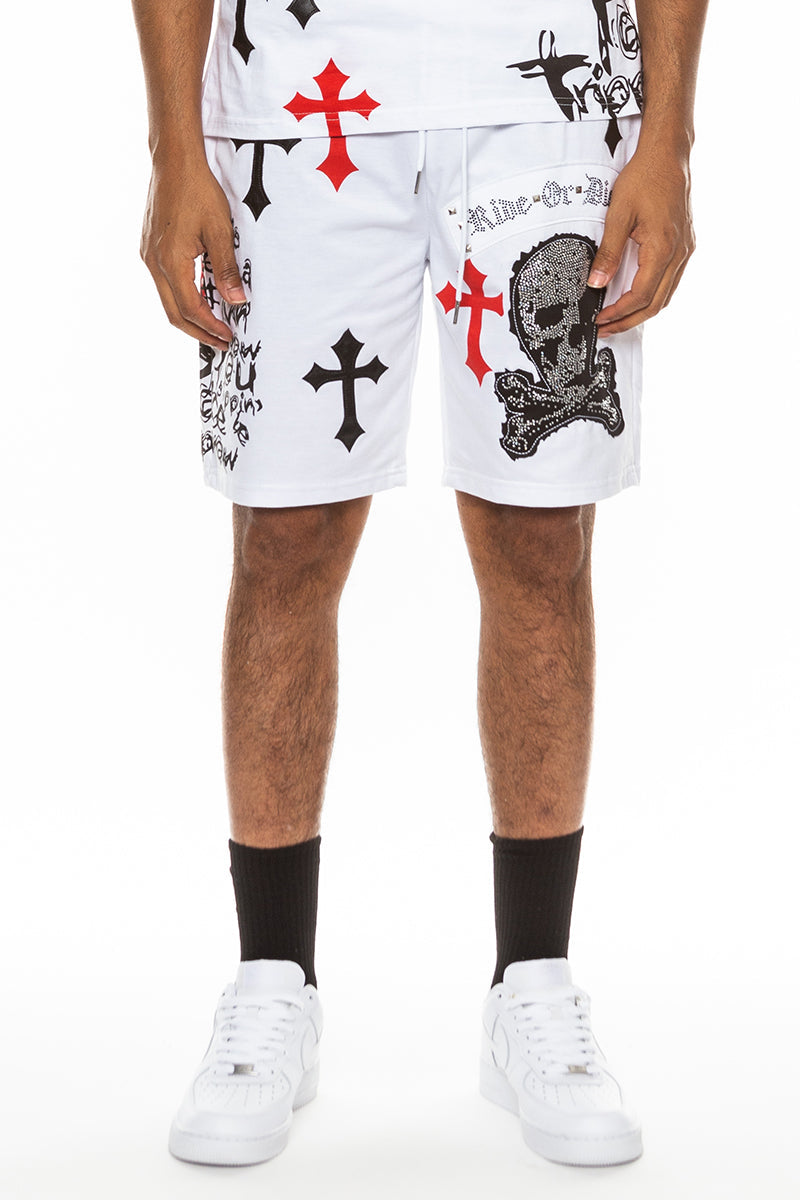 Bejewelled Chrome Skull Shorts - Horizon Bliss