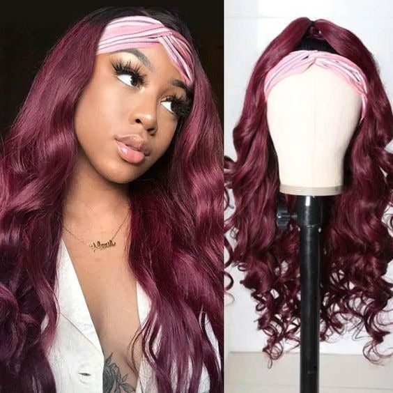 Burgundy Headband Body Wave Human Hair Wig #99J  Scarf Wig No GLUE Eas - Horizon Bliss