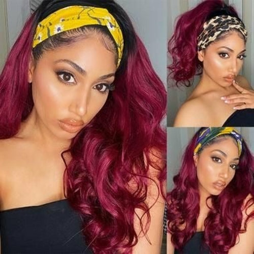 Burgundy Headband Body Wave Human Hair Wig #99J  Scarf Wig No GLUE Eas - Horizon Bliss