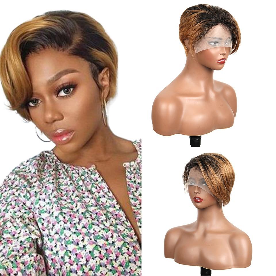 Ombre Short Bob Pixie Cut 13x4x1 T Lace Front Straight Human Hair Wigs - Horizon Bliss