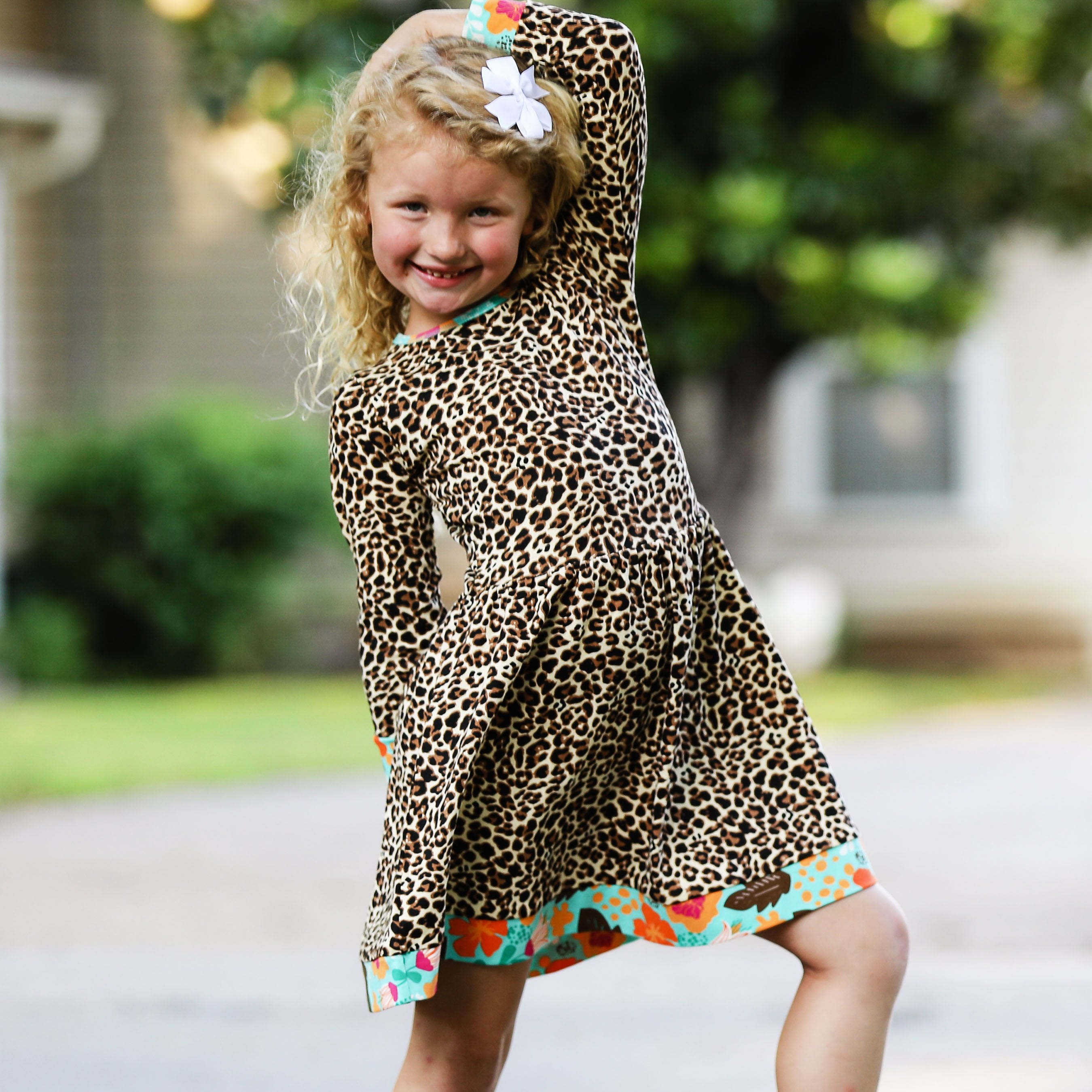 AnnLoren Little & Big Girls Long Sleeve Leopard Rose Fall Floral Dress - Horizon Bliss