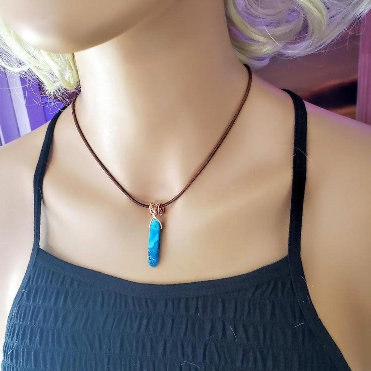 Wire Wrapped Pointed Turquoise Agate Leather Necklace for Him and Her