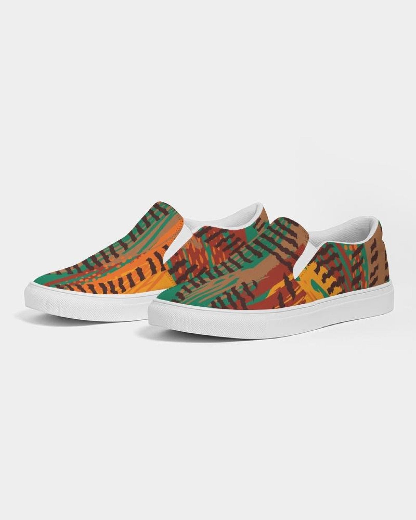 Womens Sneakers - Canvas Slip On Shoes, Brown And Green Print - Horizon Bliss