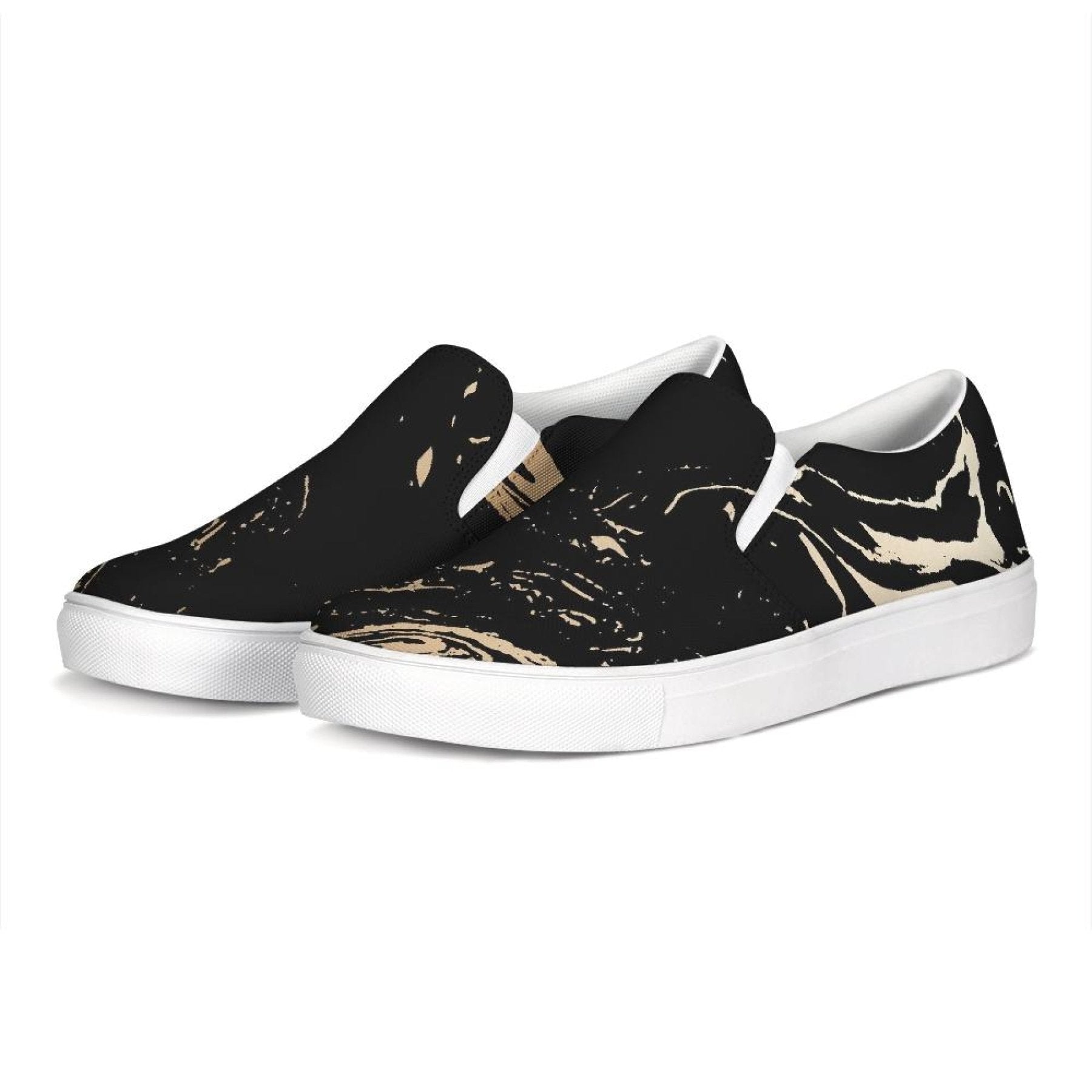 Womens Sneakers - Black & Beige Swirl Style Low Top Slip-on Canvas - Horizon Bliss