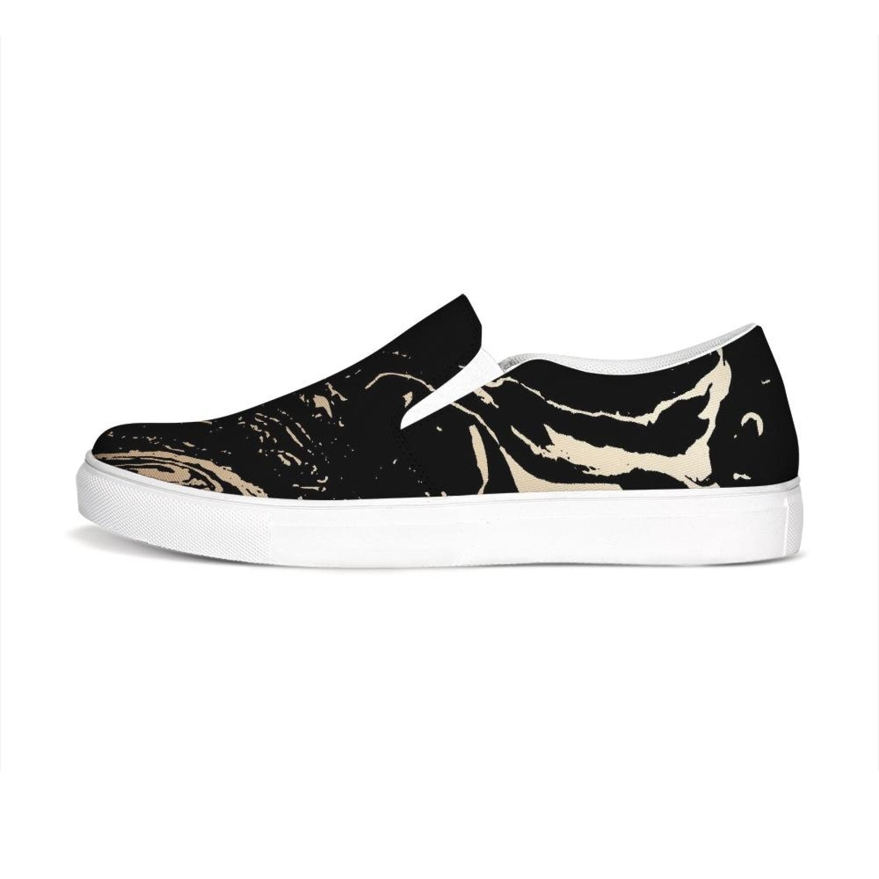 Womens Sneakers - Black & Beige Swirl Style Low Top Slip-on Canvas - Horizon Bliss