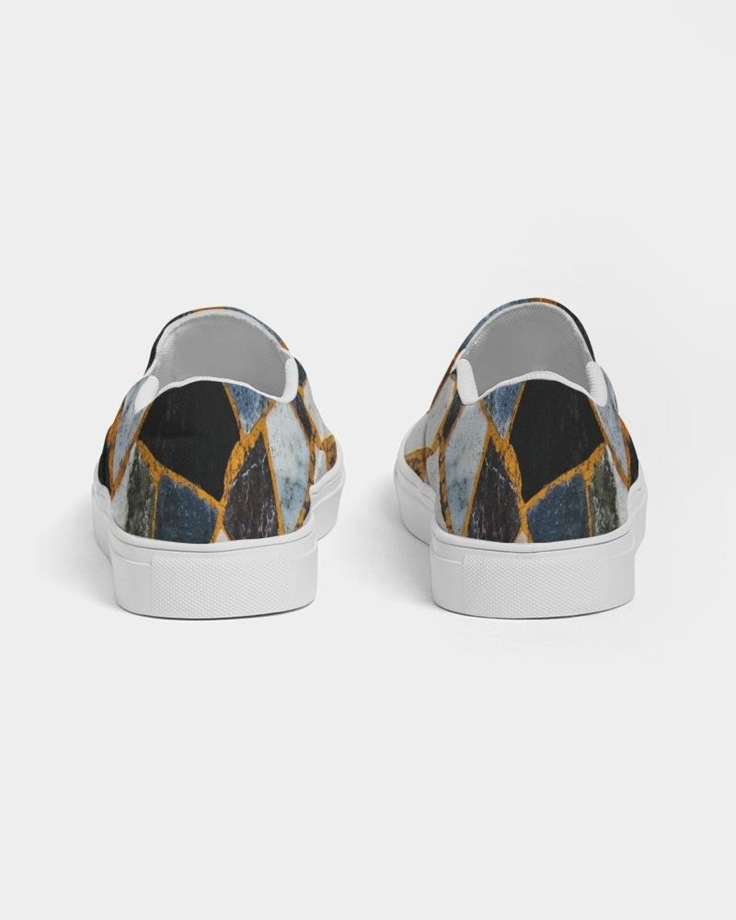 Womens Sneakers - Canvas Slip On Shoes, Black Mosaic Print - Horizon Bliss