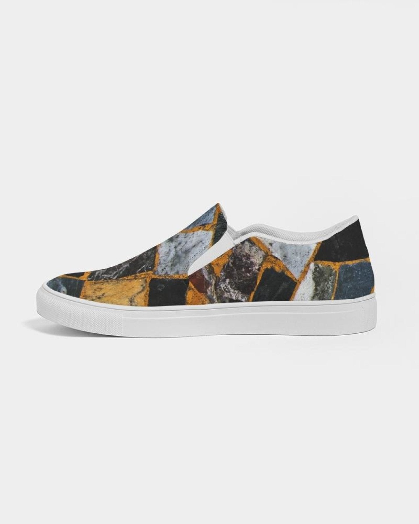 Womens Sneakers - Canvas Slip On Shoes, Black Mosaic Print - Horizon Bliss