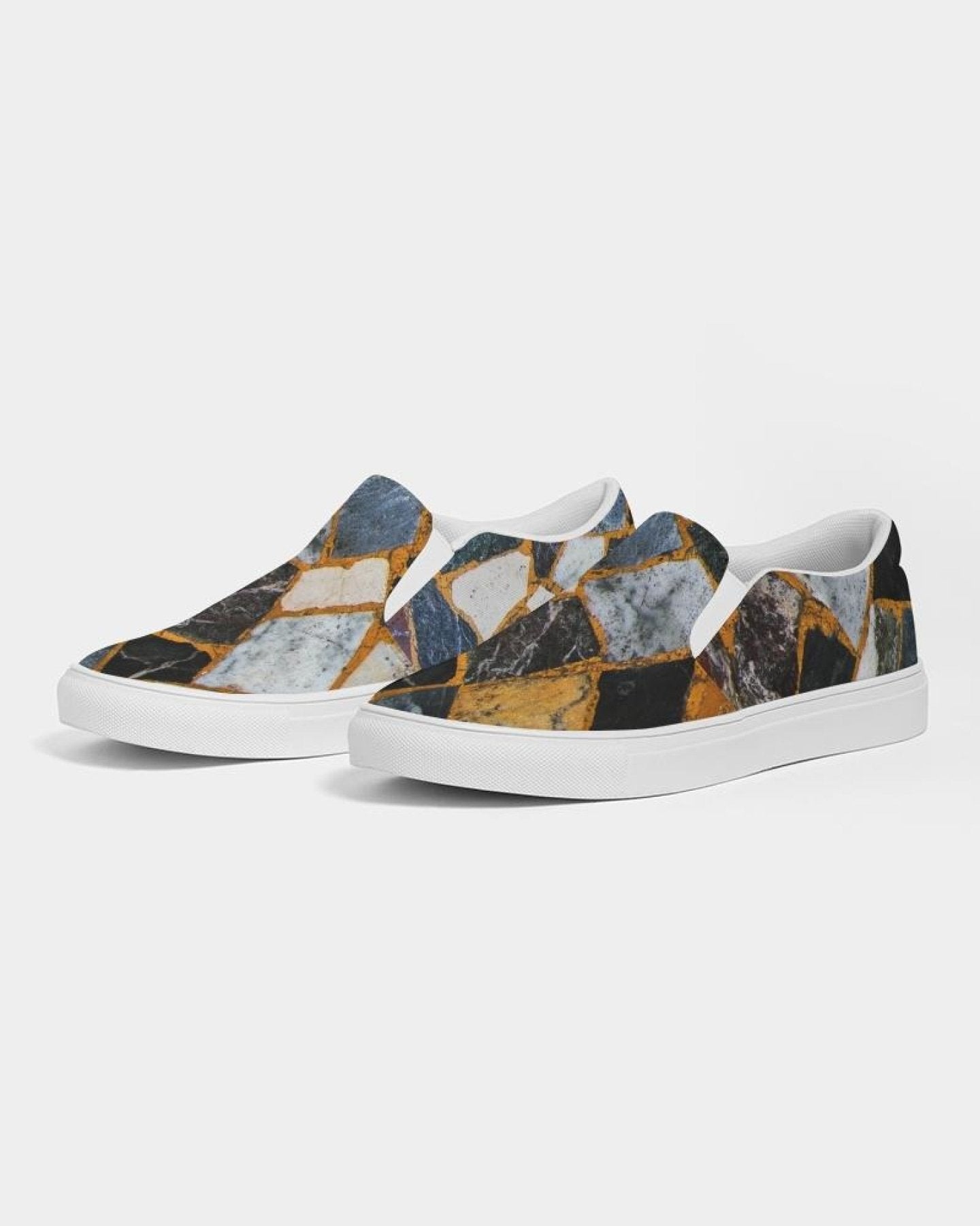 Womens Sneakers - Canvas Slip On Shoes, Black Mosaic Print - Horizon Bliss