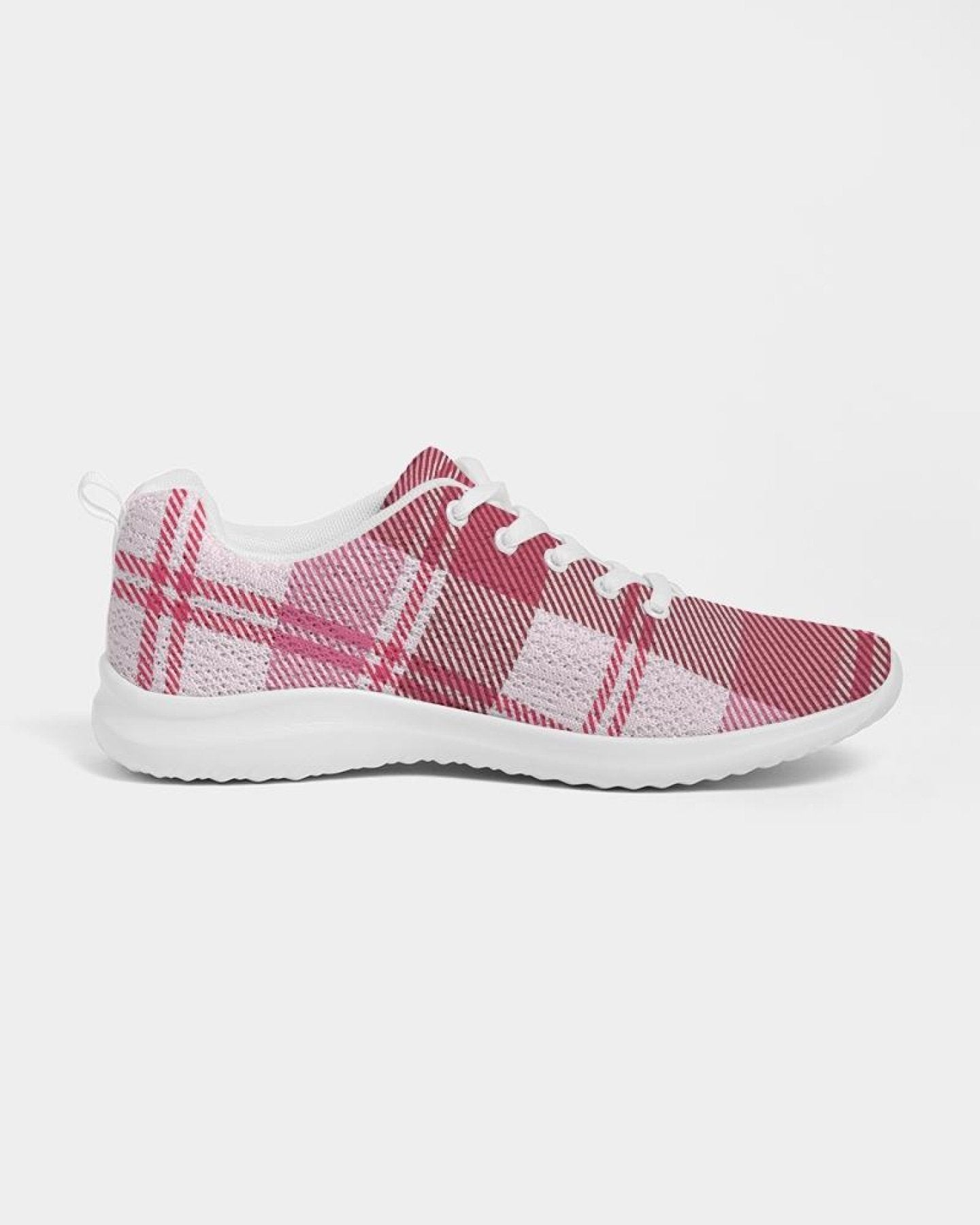 Womens Sneakers - Pink and White Plaid Running Sports Shoes - Horizon Bliss