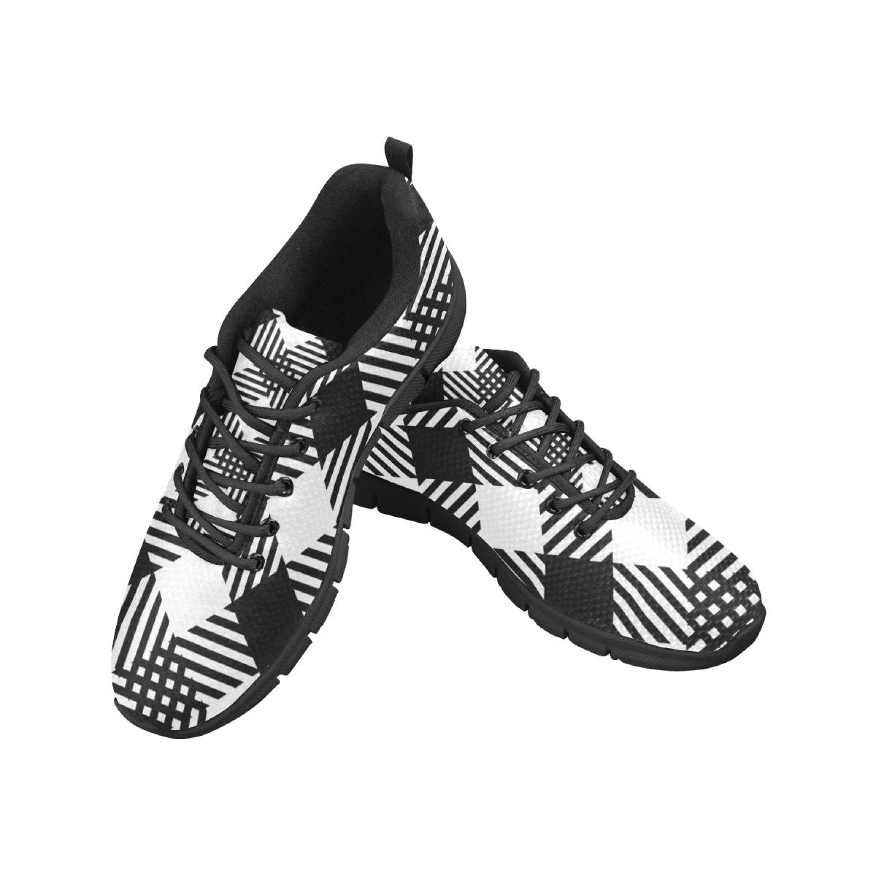 Womens Sneakers, Black And White Plaid Print Running Shoes - Horizon Bliss