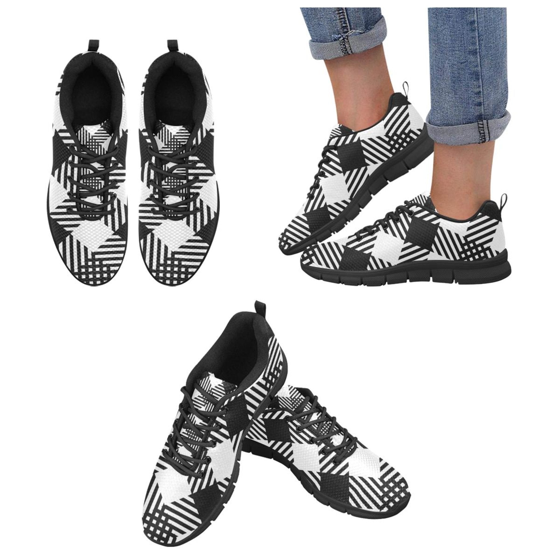 Womens Sneakers, Black And White Plaid Print Running Shoes - Horizon Bliss