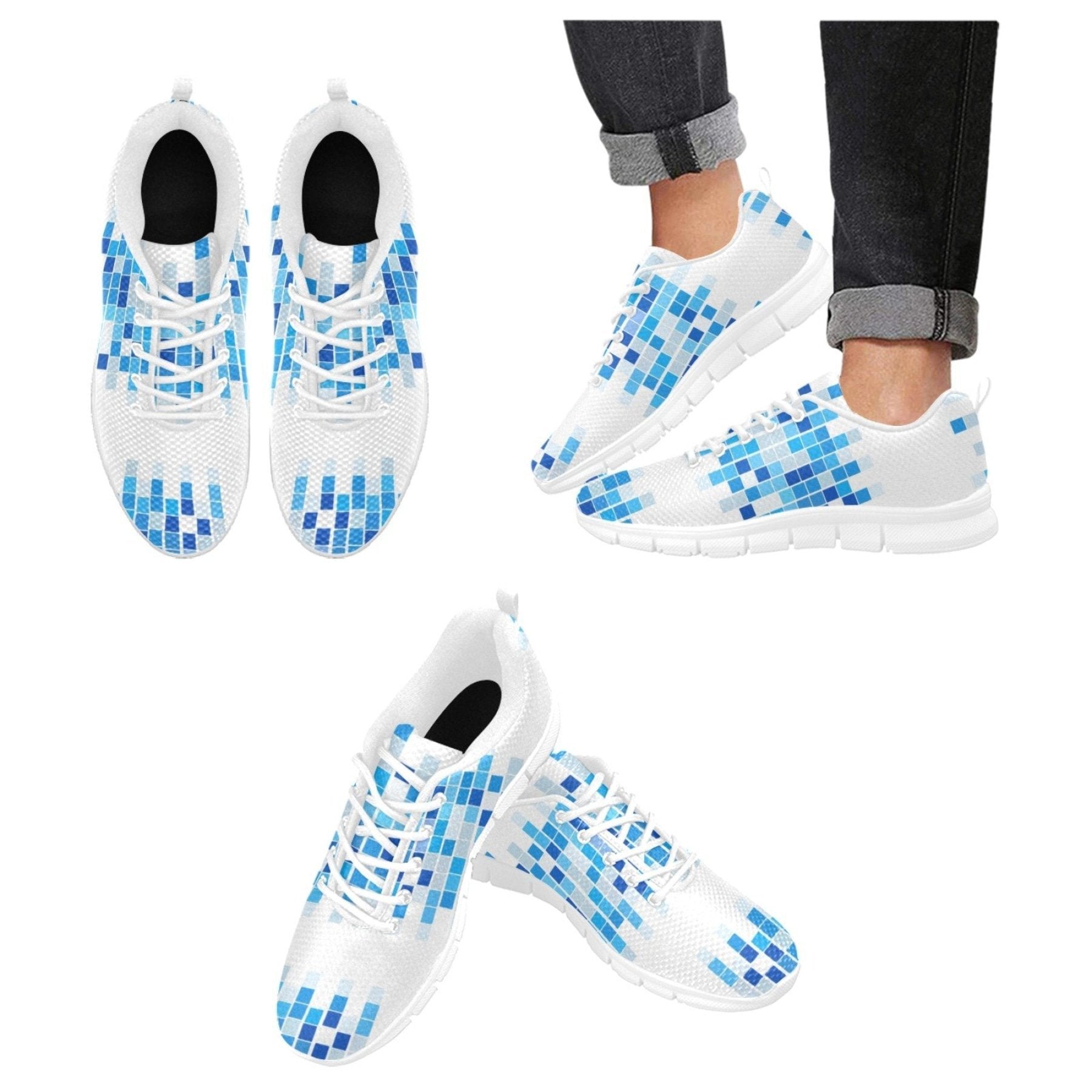 Womens Sneakers, Blue And White Mosaic Print Running Shoes - Horizon Bliss