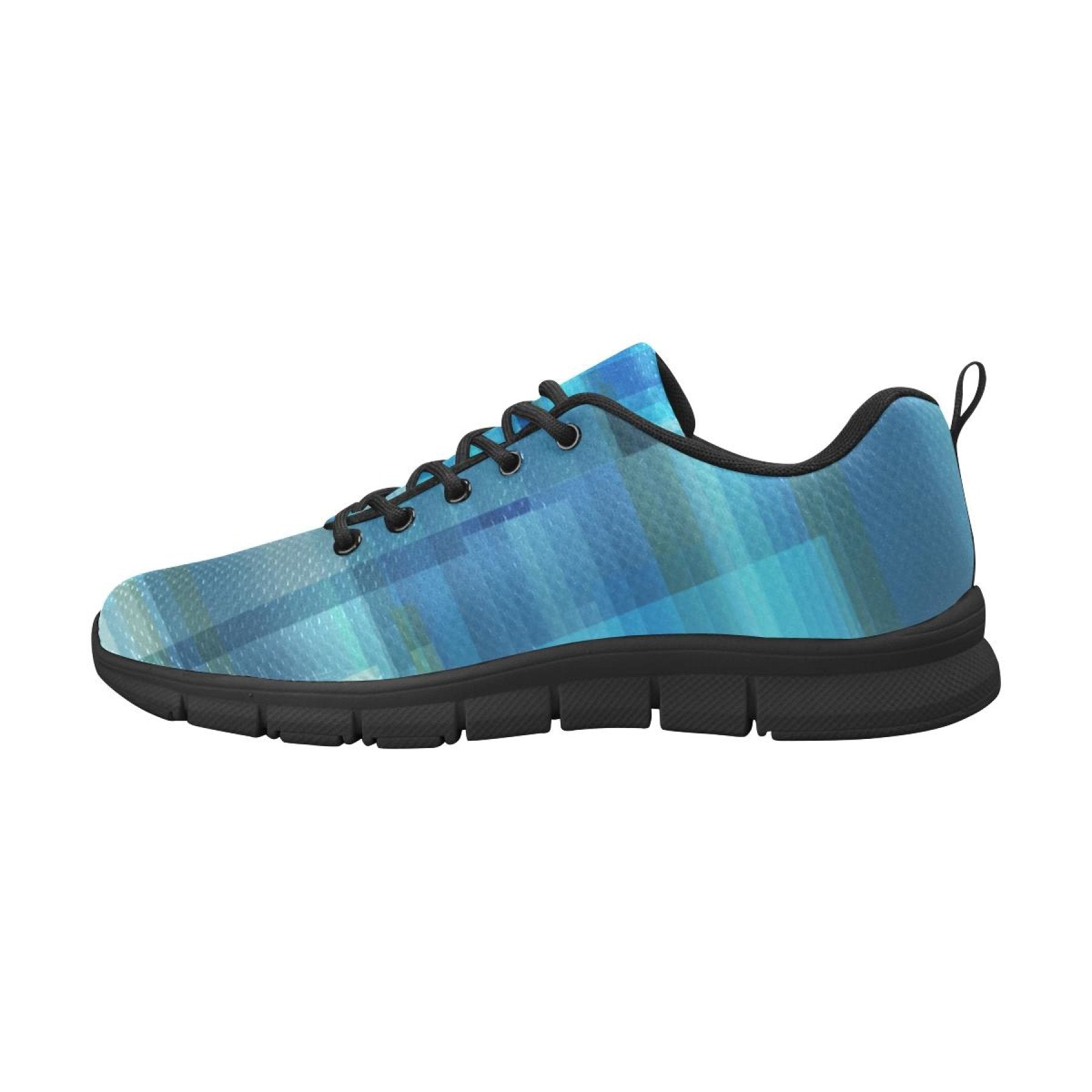 Womens Sneakers, Blue And Black Geometric Print Running Shoes - Horizon Bliss