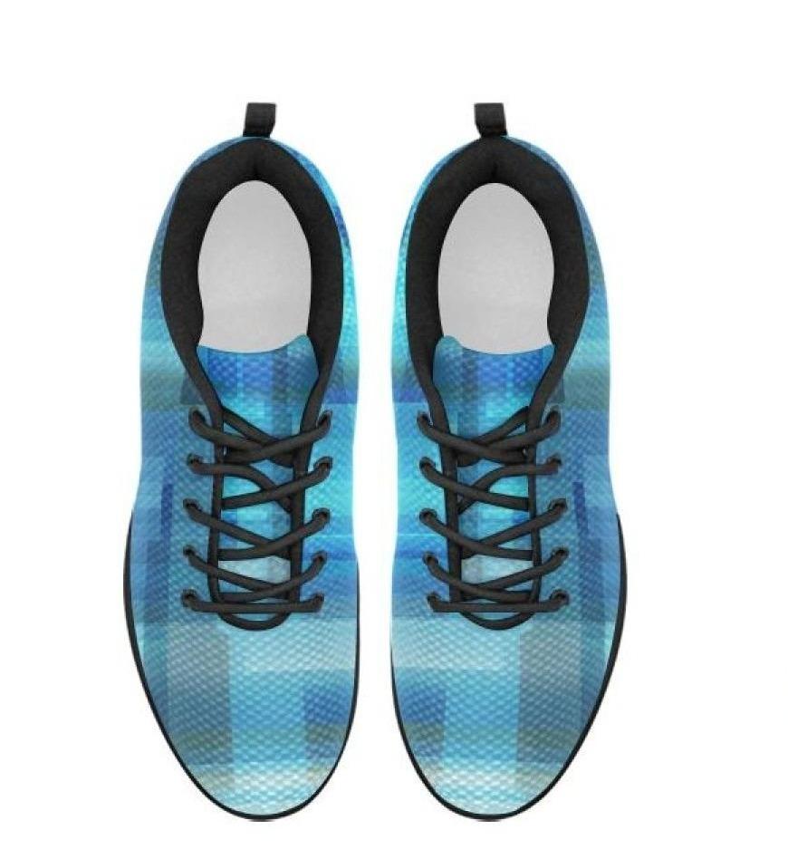 Womens Sneakers, Blue And Black Geometric Print Running Shoes - Horizon Bliss