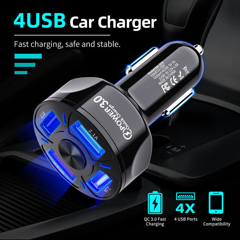 4 Port LED Car Charger + 3 in 1 Cable Combo Black - Horizon Bliss