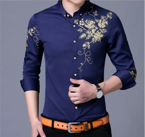 Mens Button Front Shirt with Floral Design - Horizon Bliss