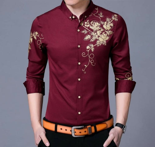 Mens Button Front Shirt with Floral Design - Horizon Bliss