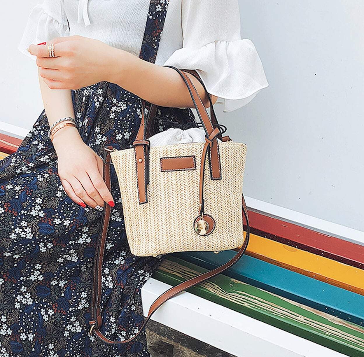 Straw Shoulder Bucket Bag with Vegan Leather Handle